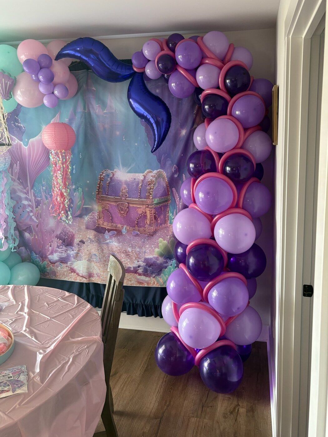 Purple and pink mermaid tail balloon columns
